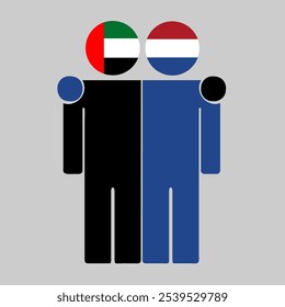 Flat illustration of two human figures with UAE and Netherlands flags as heads. Minimalistic design, isolated background.