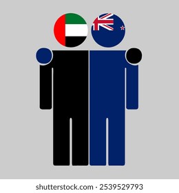 Flat illustration of two human figures with UAE and New Zealand flags as heads. Minimalistic design, isolated background.