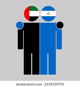 Flat illustration of two human figures with UAE and Nicaragua flags as heads. Minimalistic design, isolated background.