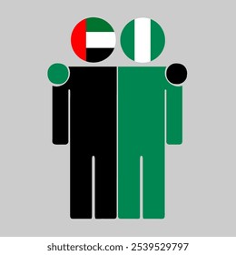 Flat illustration of two human figures with UAE and Nigeria flags as heads. Minimalistic design, isolated background.