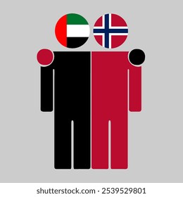 Ilustración plana de dos figuras humanas con banderas de Emiratos Árabes Unidos y Noruega como cabezas. Diseño minimalista, fondo aislado.