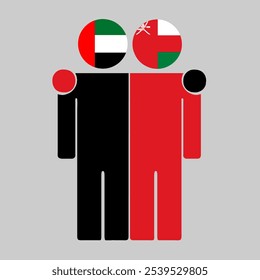 Flat illustration of two human figures with UAE and Oman flags as heads. Minimalistic design, isolated background.