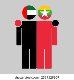 Flat illustration of two human figures with UAE and Myanmar flags as heads. Minimalistic design, isolated background.