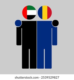 Ilustração plana de duas figuras humanas com bandeiras dos Emirados Árabes Unidos e da Romênia como cabeças. Design minimalista, fundo isolado.