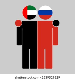 Flat illustration of two human figures with UAE and Russia flags as heads. Minimalistic design, isolated background.