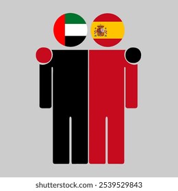 Flat illustration of two human figures with UAE and Spain flags as heads. Minimalistic design, isolated background.