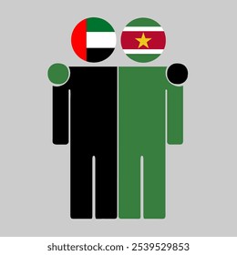 Flat illustration of two human figures with UAE and Suriname flags as heads. Minimalistic design, isolated background.