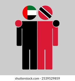 Flat illustration of two human figures with UAE, Trinidad and Tobago flags as heads. Minimalistic design, isolated background.