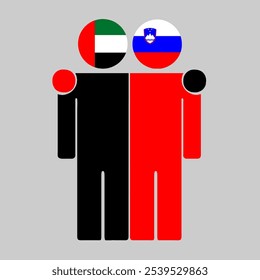 Flat illustration of two human figures with UAE and Slovenia flags as heads. Minimalistic design, isolated background.