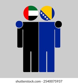 Flat illustration of two human figures with UAE, Bosnia and Herzegovina flags as heads. Minimalistic design, isolated background.