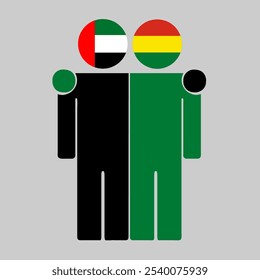 Flat illustration of two human figures with UAE and Bolivia flags as heads. Minimalistic design, isolated background.