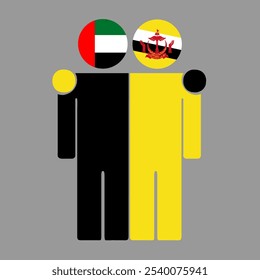 Flat illustration of two human figures with UAE and Brunei Darussalam flags as heads. Minimalistic design, isolated background.