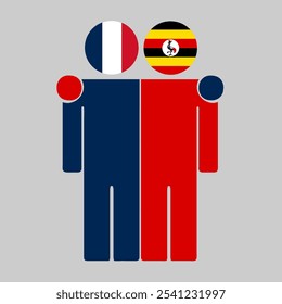 Flat illustration of two human figures with France and Uganda flags as heads. Minimalistic design, isolated background.