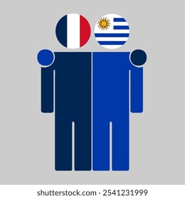 Ilustración plana de dos figuras humanas con banderas de Francia y Uruguay como cabezas. Diseño minimalista, fondo aislado.