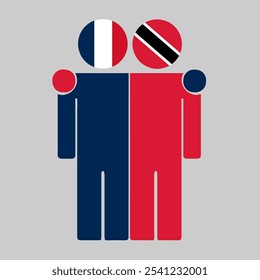 Flat illustration of two human figures with France, Trinidad and Tobago flags as heads. Minimalistic design, isolated background.