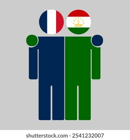 Flat illustration of two human figures with France and Tajikistan flags as heads. Minimalistic design, isolated background.