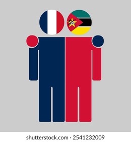 Flat illustration of two human figures with France and Mozambique flags as heads. Minimalistic design, isolated background.