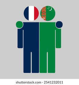 Flat illustration of two human figures with France and Turkmenistan flags as heads. Minimalistic design, isolated background.