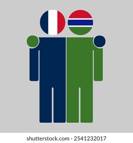 Flat illustration of two human figures with France and Gambia flags as heads. Minimalistic design, isolated background.