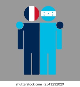 Flat illustration of two human figures with France and Honduras flags as heads. Minimalistic design, isolated background.