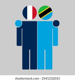 Flat illustration of two human figures with France and Tanzania flags as heads. Minimalistic design, isolated background.