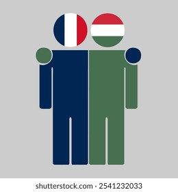 Flat illustration of two human figures with France and Hungary flags as heads. Minimalistic design, isolated background.