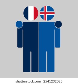 Flat illustration of two human figures with France and Iceland flags as heads. Minimalistic design, isolated background.