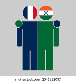 Flat illustration of two human figures with France and India flags as heads. Minimalistic design, isolated background.