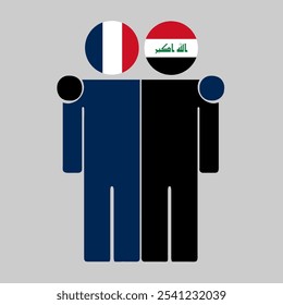 Flat illustration of two human figures with France and Iraq flags as heads. Minimalistic design, isolated background.