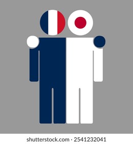 Flat illustration of two human figures with France and Japan flags as heads. Minimalistic design, isolated background.