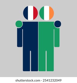 Flat illustration of two human figures with France and Ireland flags as heads. Minimalistic design, isolated background.