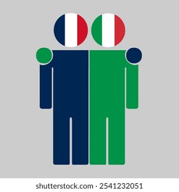 Flat illustration of two human figures with France and Italy flags as heads. Minimalistic design, isolated background.