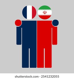 Flat illustration of two human figures with France and Iran flags as heads. Minimalistic design, isolated background.