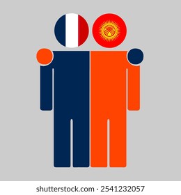 Flat illustration of two human figures with France and Kyrgyzstan flags as heads. Minimalistic design, isolated background.