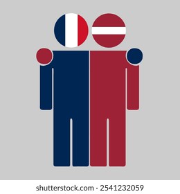 Flat illustration of two human figures with France and Latvia flags as heads. Minimalistic design, isolated background.