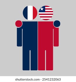 Flat illustration of two human figures with France and Liberia flags as heads. Minimalistic design, isolated background.