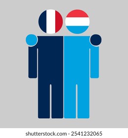 Flat illustration of two human figures with France and Luxembourg flags as heads. Minimalistic design, isolated background.