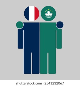 Flat illustration of two human figures with France and Macau China flags as heads. Minimalistic design, isolated background.