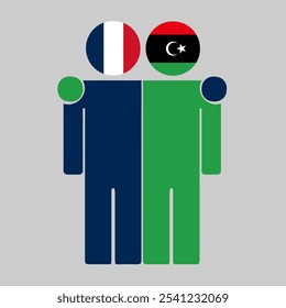Flat illustration of two human figures with France and Libya flags as heads. Minimalistic design, isolated background.