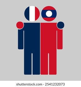 Flat illustration of two human figures with France and Laos flags as heads. Minimalistic design, isolated background.