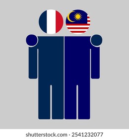 Flat illustration of two human figures with France and Malaysia flags as heads. Minimalistic design, isolated background.