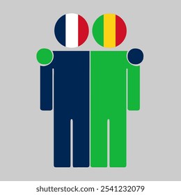 Ilustração plana de duas figuras humanas com bandeiras da França e do Mali como cabeças. Design minimalista, fundo isolado.