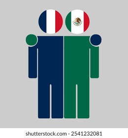 Flat illustration of two human figures with France and Mexico flags as heads. Minimalistic design, isolated background.