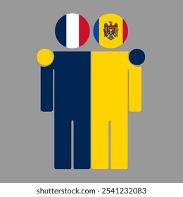 Flat illustration of two human figures with France and Moldova flags as heads. Minimalistic design, isolated background.