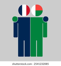 Ilustração plana de duas figuras humanas com a França e Madagascar bandeiras como cabeças. Design minimalista, fundo isolado.