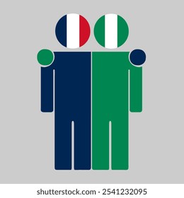 Flat illustration of two human figures with France and Nigeria flags as heads. Minimalistic design, isolated background.