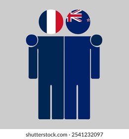 Flat illustration of two human figures with France and New Zealand flags as heads. Minimalistic design, isolated background.