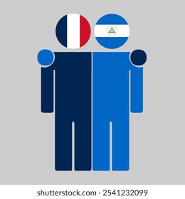 Flat illustration of two human figures with France and Nicaragua flags as heads. Minimalistic design, isolated background.