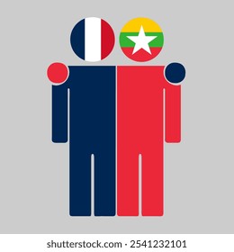 Flat illustration of two human figures with France and Myanmar flags as heads. Minimalistic design, isolated background.