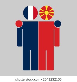 Flat illustration of two human figures with France and North Macedonia flags as heads. Minimalistic design, isolated background.